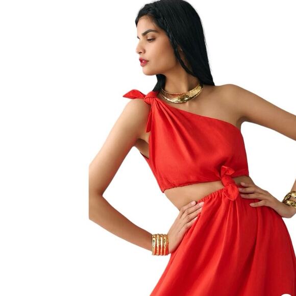 FARM RIO Women’s One shoulder Knot Linen Blend Midi Dress in Red-Size S - Picture 3 of 9